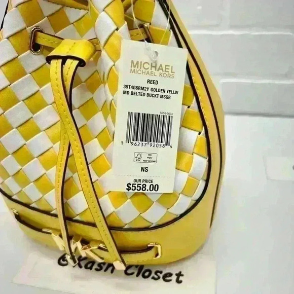 Michael Kors Reed Medium Belted Bucket Bag Purse Golden Yellow - Picture 9 of 9